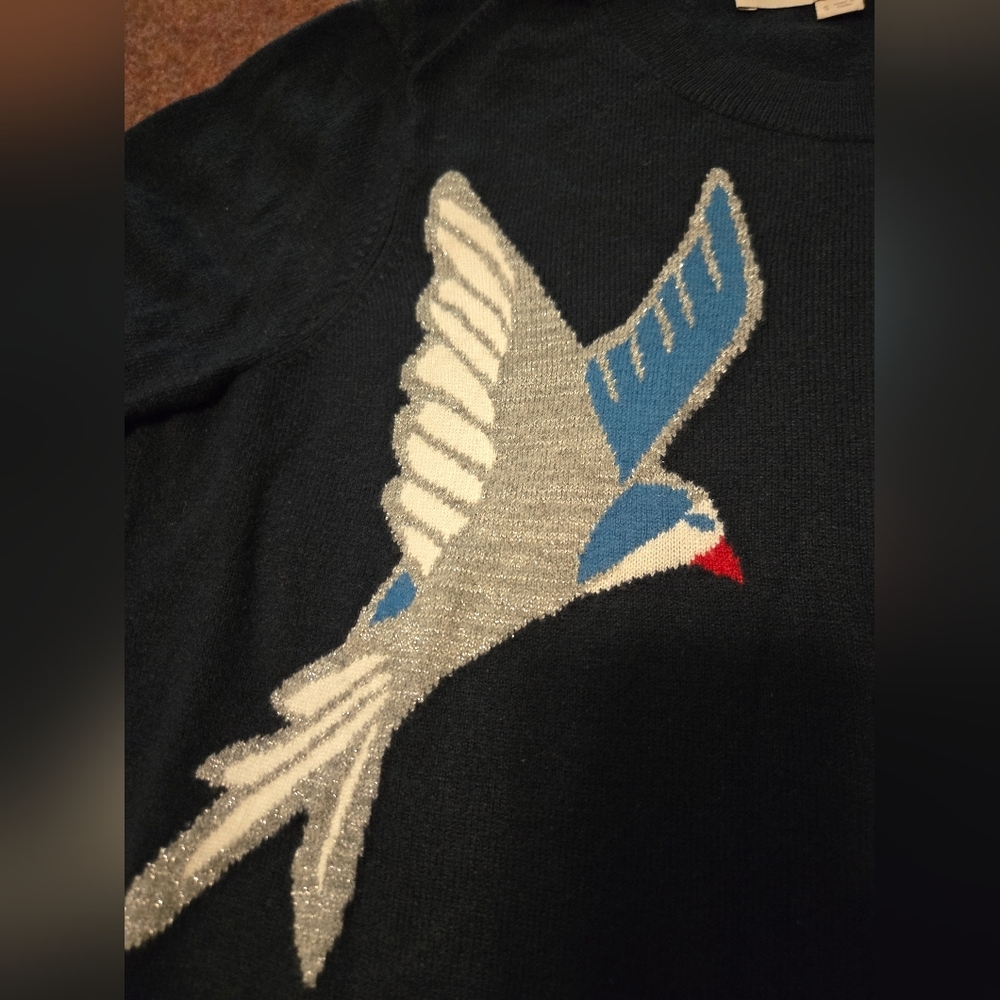 Loft Navy Blue Sweater Size Small Metallic Outlined Birds - Picture 3 of 9